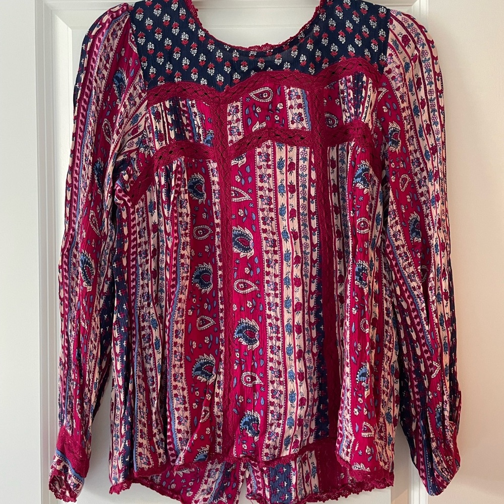 Anthropologie Maeve Bohemian Dark Pink and Blue Women's Top